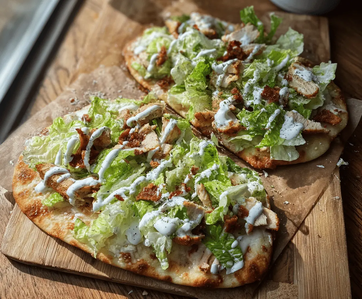 Delicious Chicken Caesar Flatbread topped with crispy chicken slices, fresh romaine lettuce, and creamy Caesar dressing.