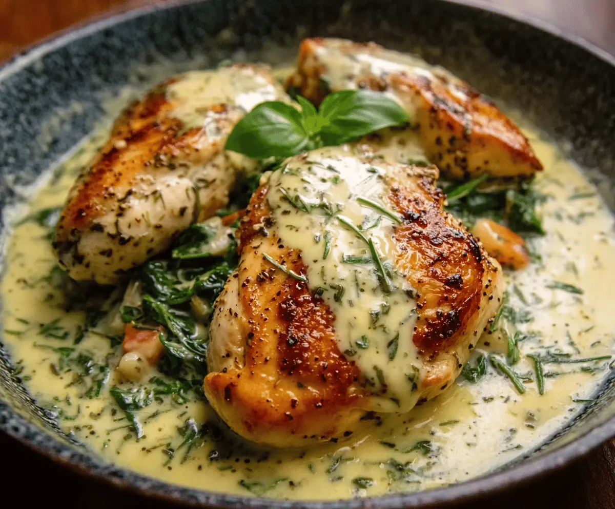 Delicious chicken in a rich basil cream sauce served on a white plate.