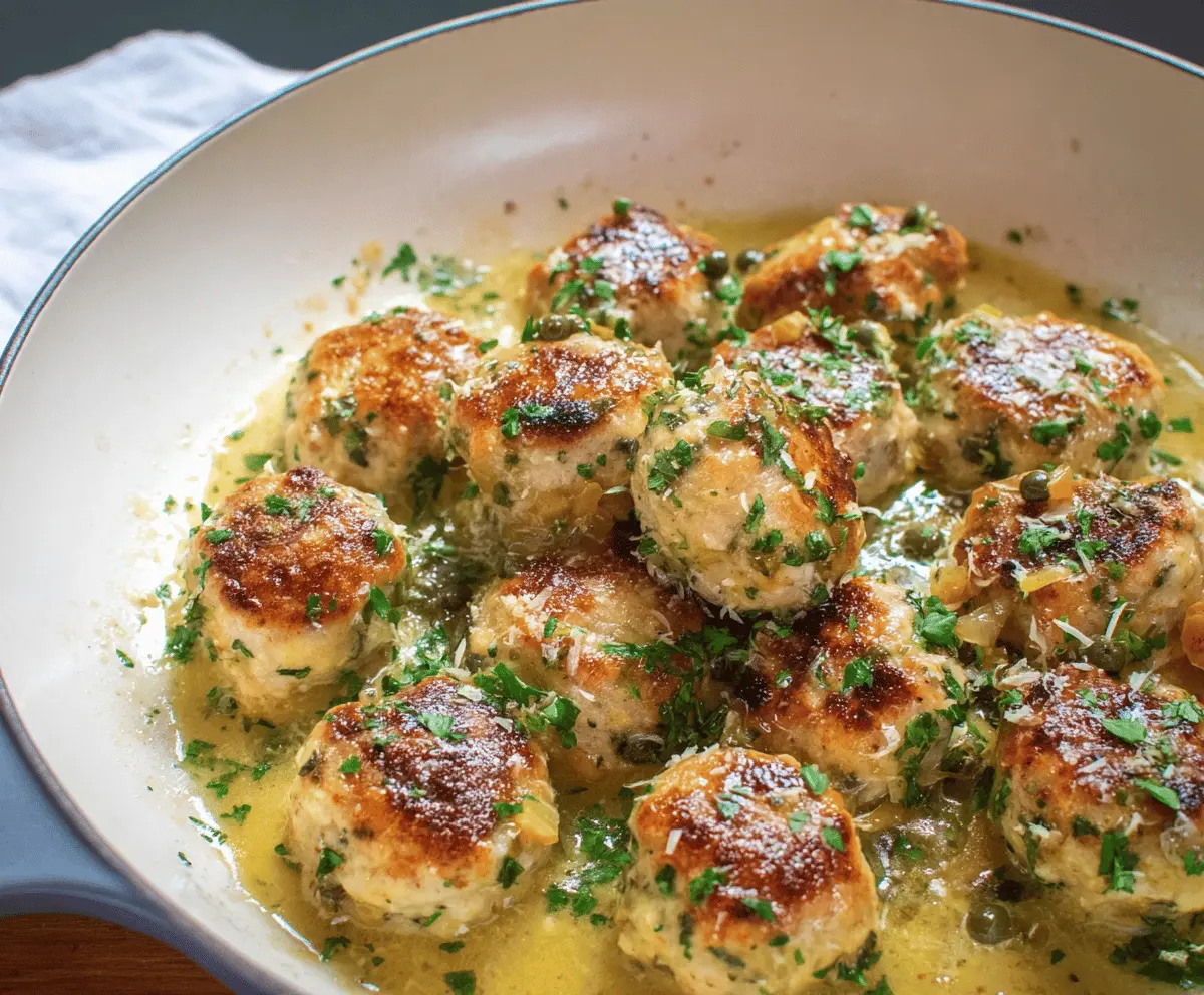 Delicious Chicken Piccata Meatballs served with lemon and capers on a white plate.