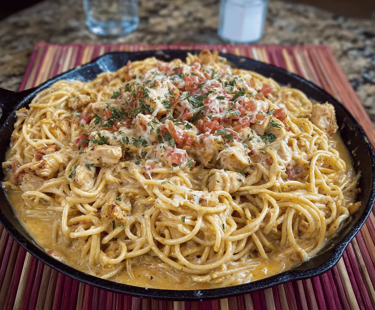 Delicious homemade Chicken Spaghetti served on a white plate with fresh herbs.