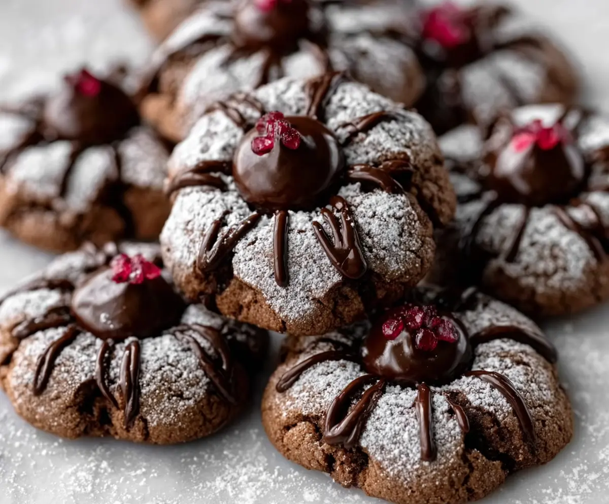 Delicious Chocolate Blossom Cookies with a glossy chocolate center and festive sprinkles.