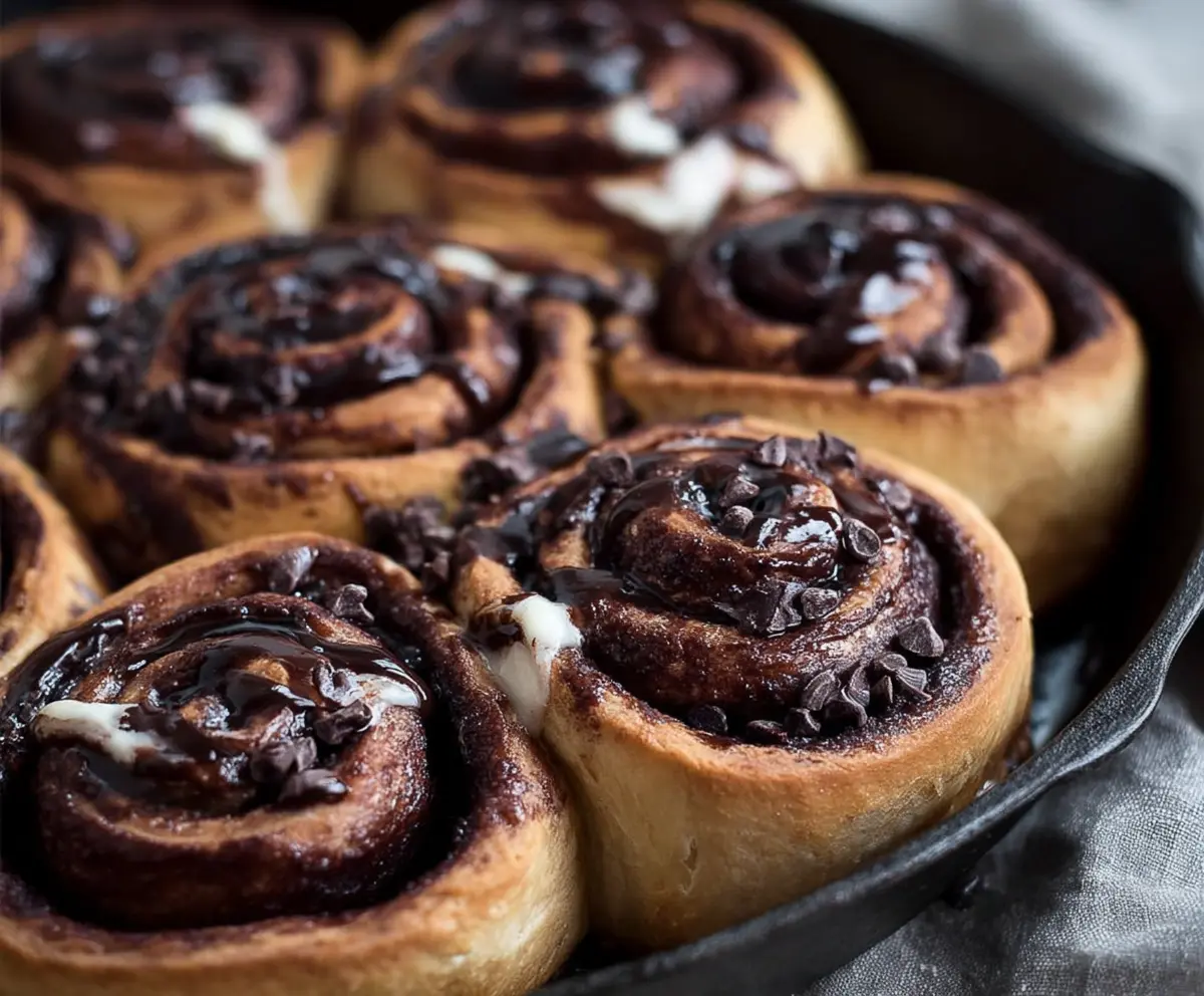 Delicious chocolate cinnamon rolls topped with icing, perfect for breakfast or dessert.