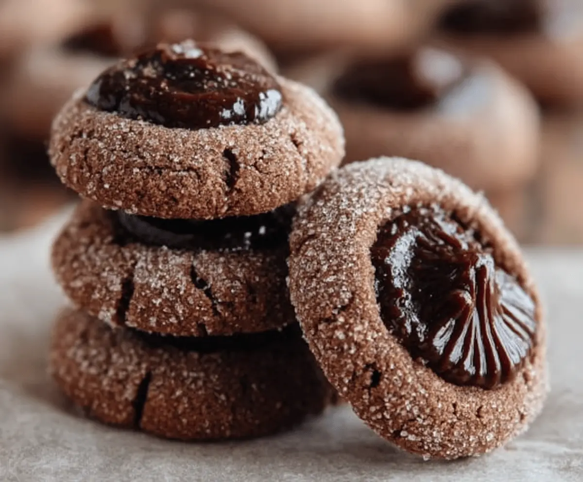 Delicious chocolate thumbprint cookies filled with rich chocolate ganache on a rustic wooden table.