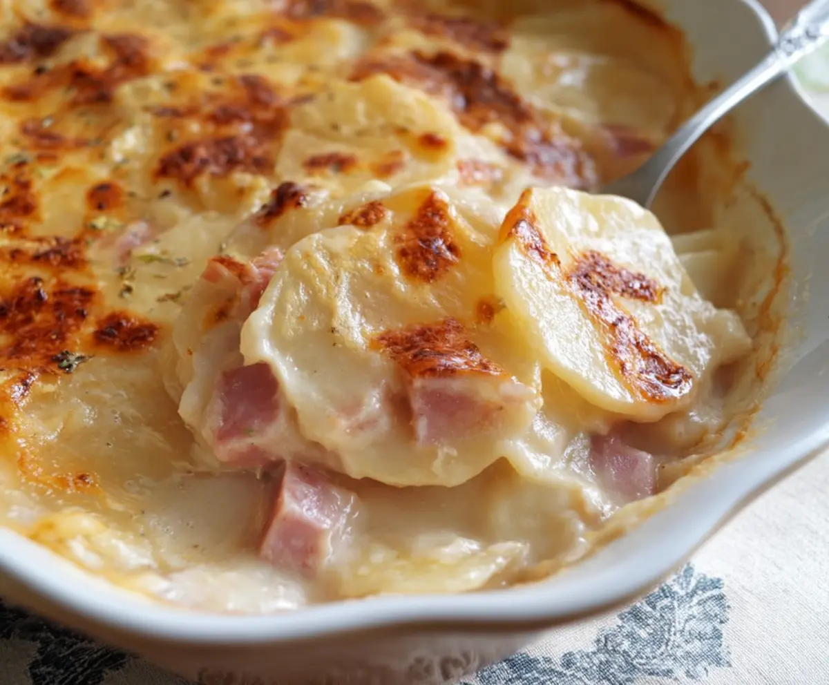 Delicious classic scalloped potatoes with ham served in a cozy dish, garnished with herbs.