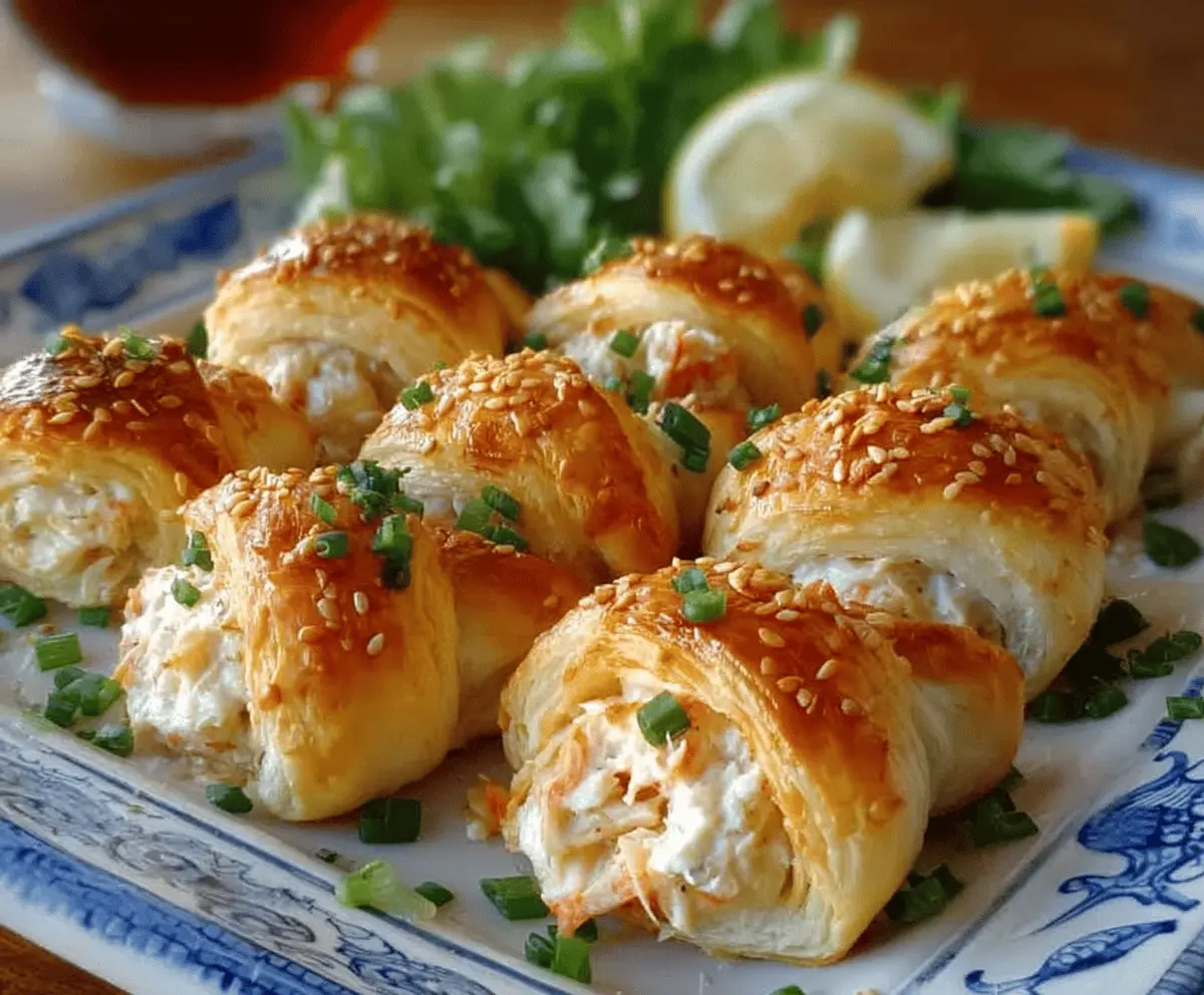 Crab Crescent Bites Delight served on a platter, showcasing flaky crescent dough filled with tender crab meat and herbs.