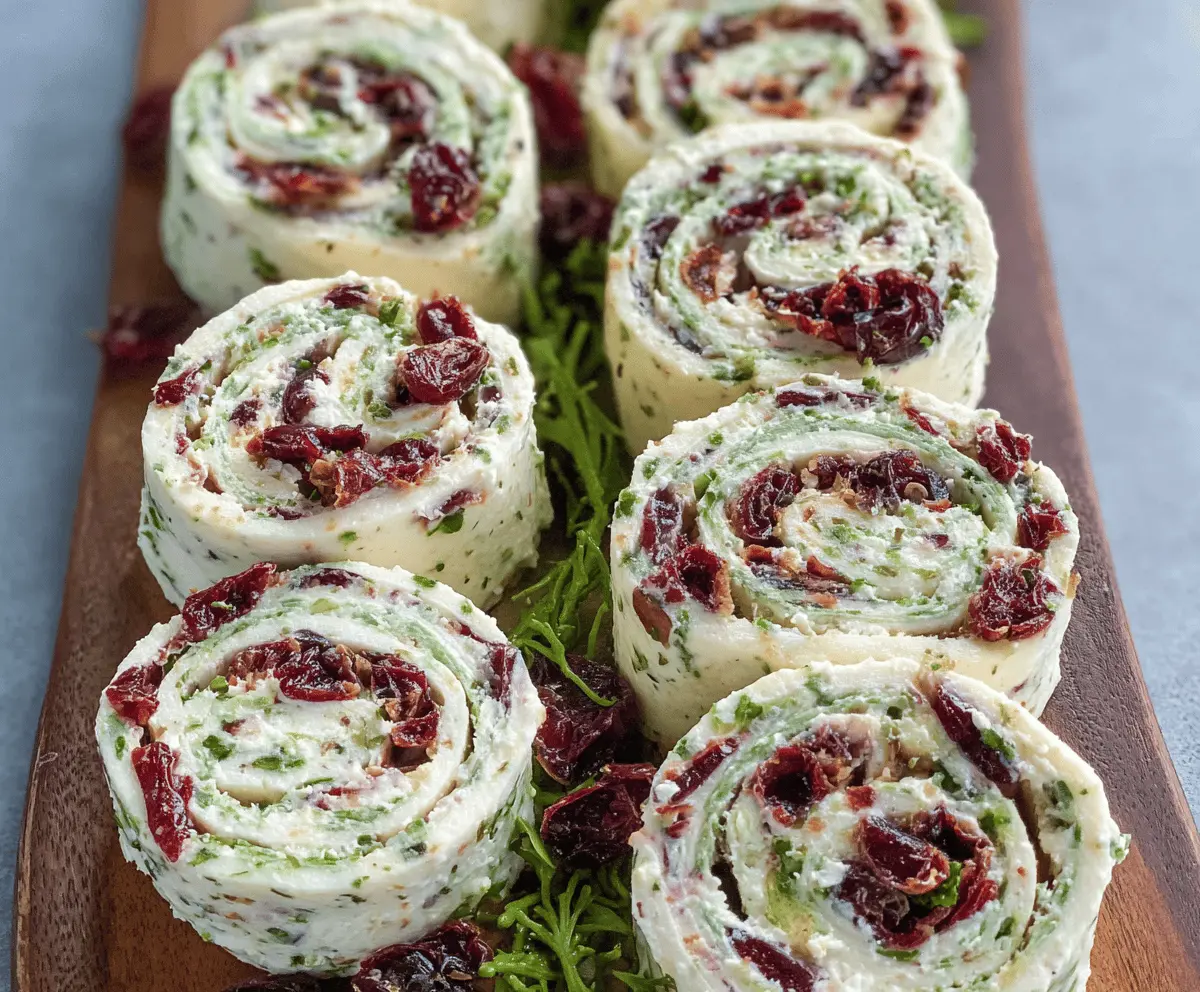 Cranberry Feta Pinwheels made with creamy cheese, fresh cranberries, and herbs on a serving platter.