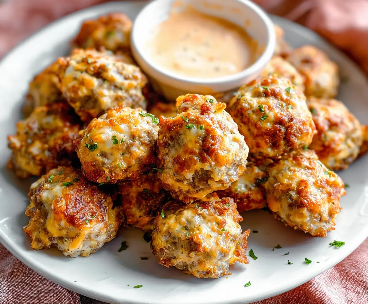 Delicious homemade cream cheese sausage balls on a plate, perfect for appetizers.