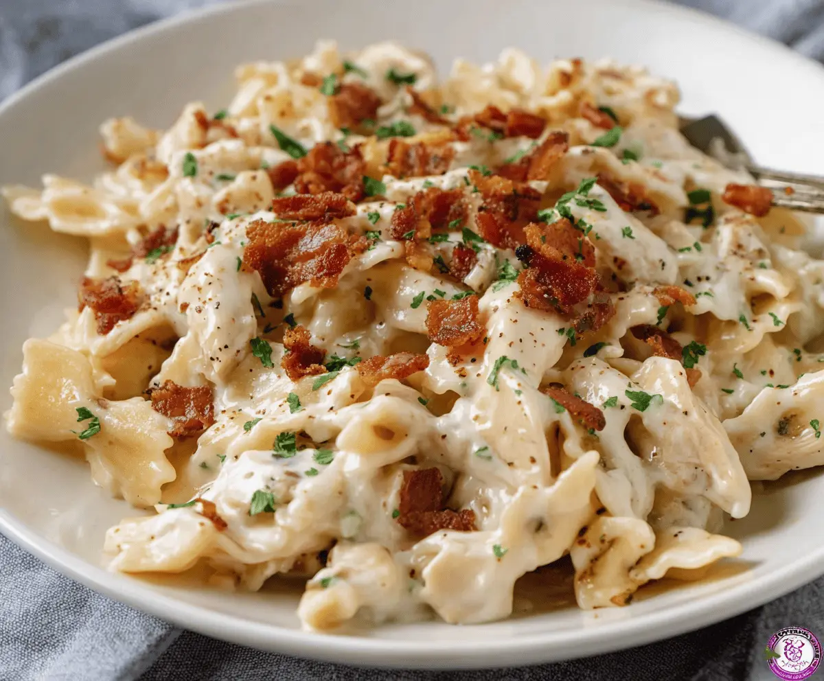 Creamy chicken bacon ranch pasta dish with tender chicken, crispy bacon, and savory ranch sauce served over pasta.
