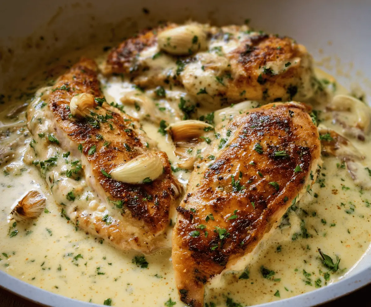 Delicious creamy garlic chicken served on a plate with herbs and garlic cloves.