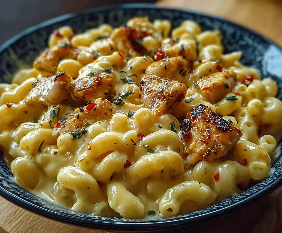 Delicious creamy honey pepper chicken mac and cheese served in a bowl with a golden crust.