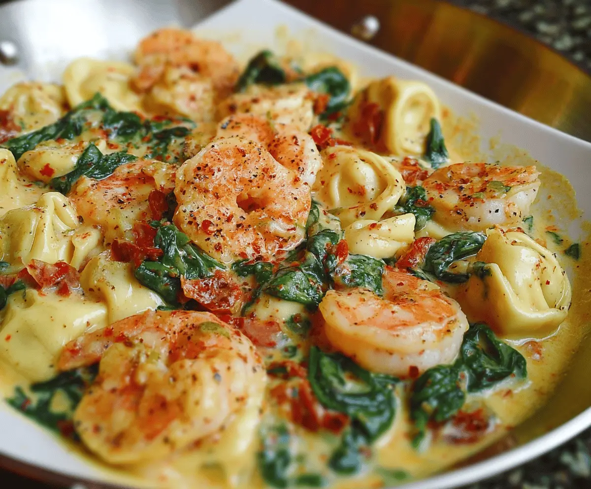 Creamy shrimp and spinach tortellini dish with fresh herbs and parmesan cheese.