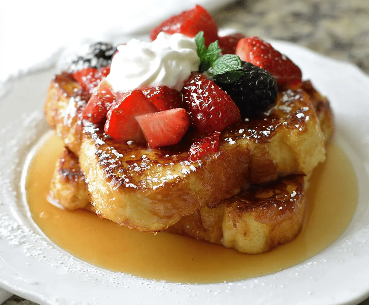 Delicious Crème Brûlée French Toast drizzled with caramel and topped with powdered sugar.