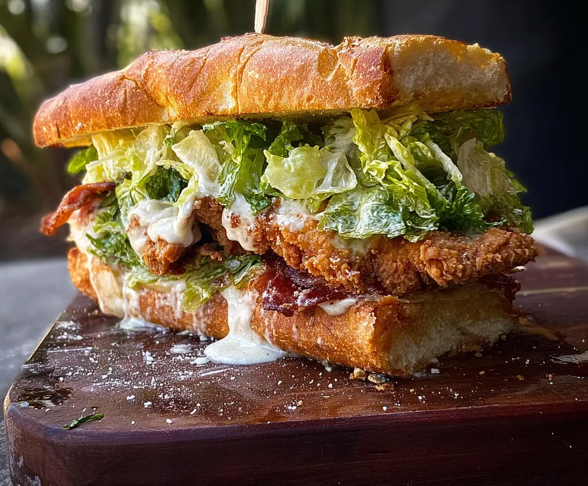 Delicious crispy chicken Caesar sandwich with fresh lettuce and creamy Caesar dressing