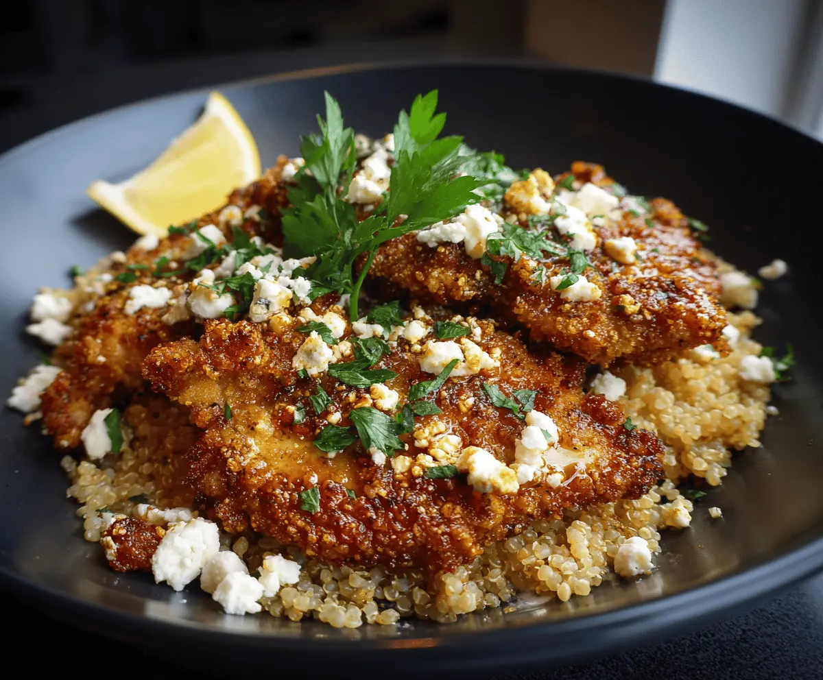 Crispy Hot Honey Feta Chicken served on a plate with a side of vegetables.