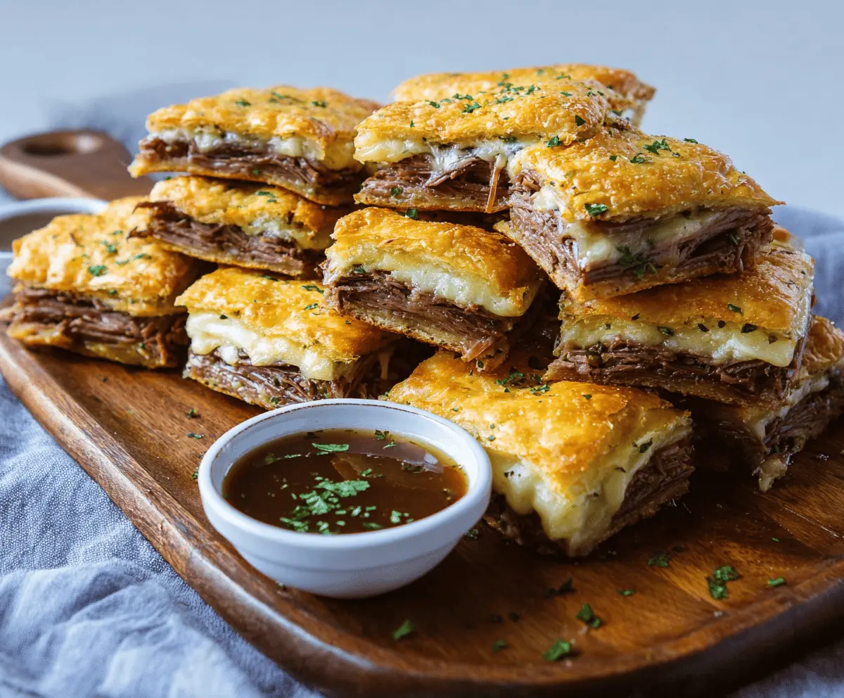 Savory French Dip Squares with melted cheese and tender deli beef on a crispy crust.