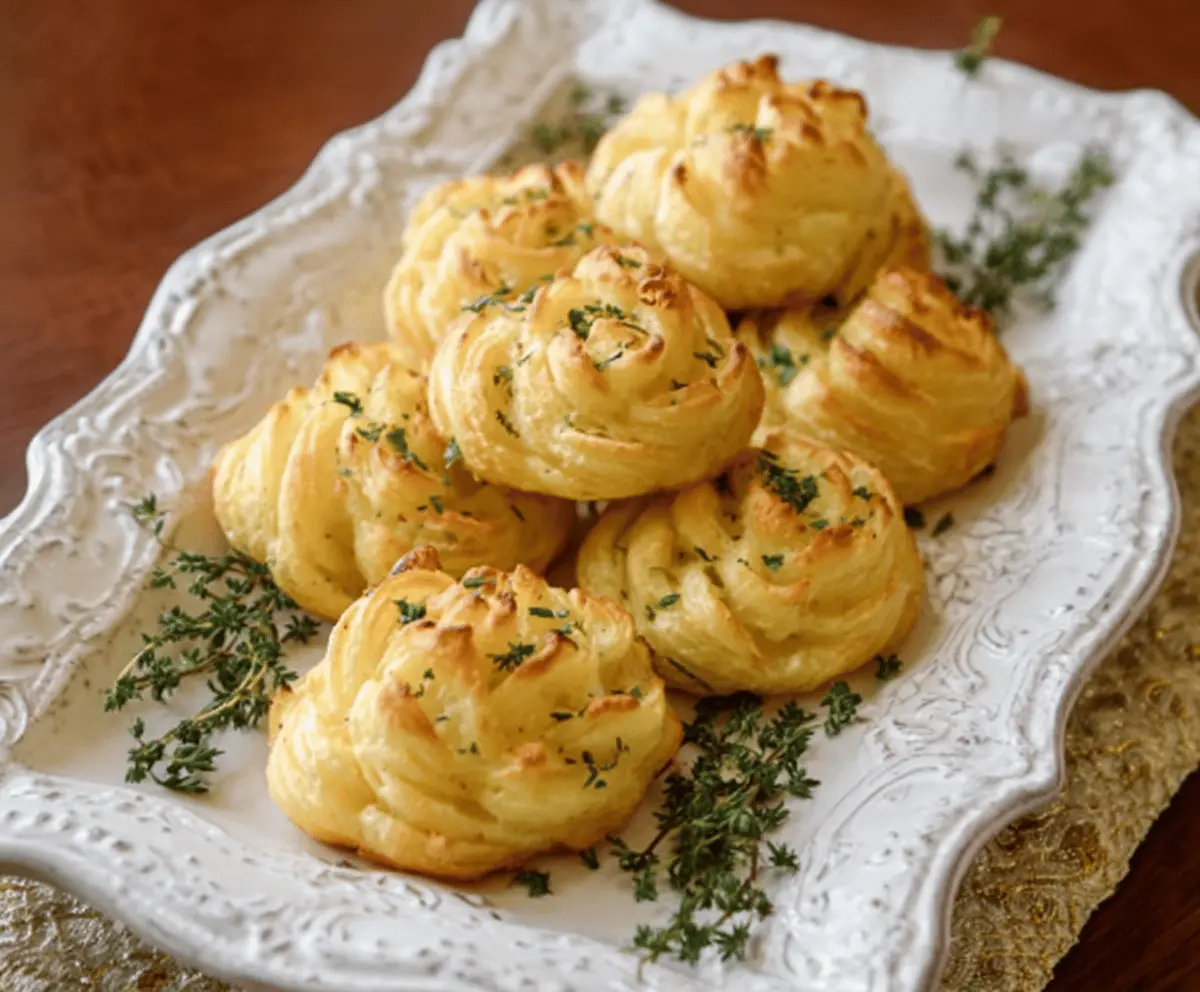 Creamy Duchess Potatoes garnished with fresh herbs on an elegant plate perfect for holiday dinners.