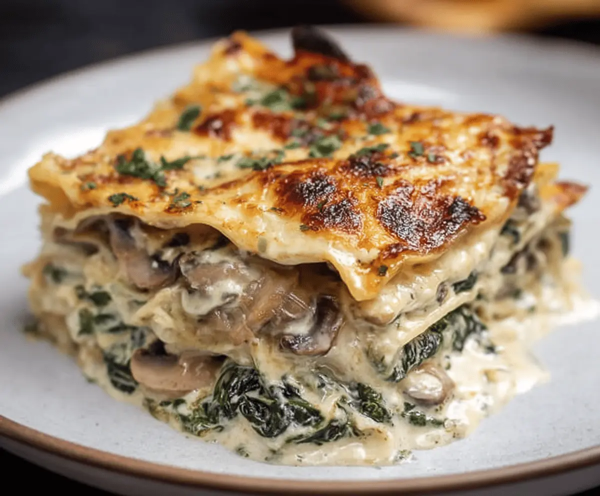 Delicious creamy spinach and mushroom lasagna served on a plate, showcasing layers of cheese, spinach, and mushrooms.