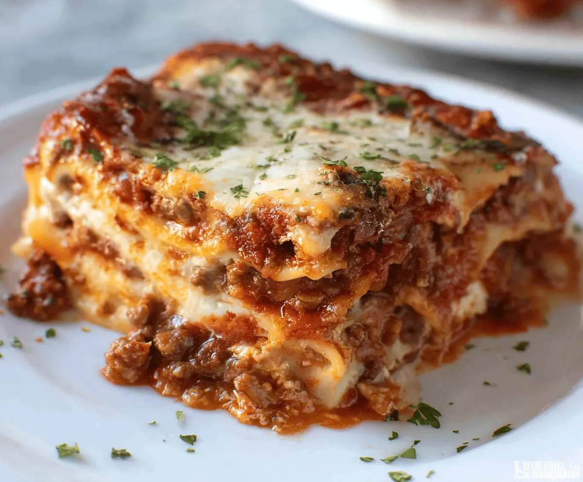 Delicious homemade lasagna with rich tomato sauce, melted cheese, and fresh herbs served on a plate.