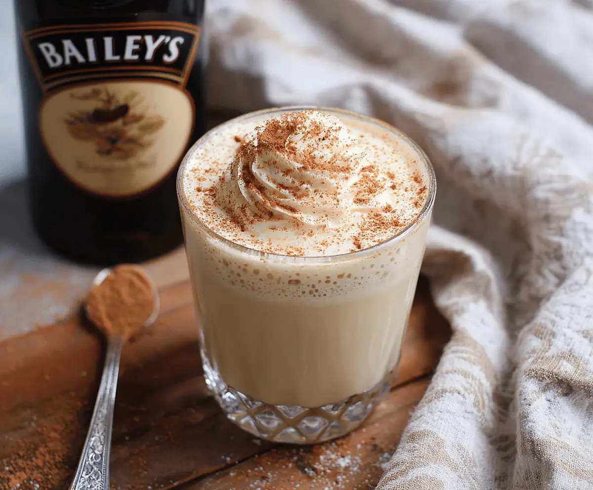 Creamy Eggnog with Baileys Irish Cream in a festive glass, perfect for holiday celebrations