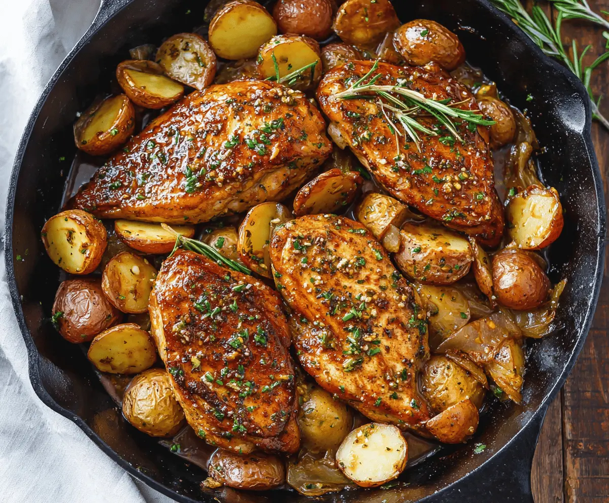 Delicious garlic butter chicken served with crispy skillet potatoes on a plate.