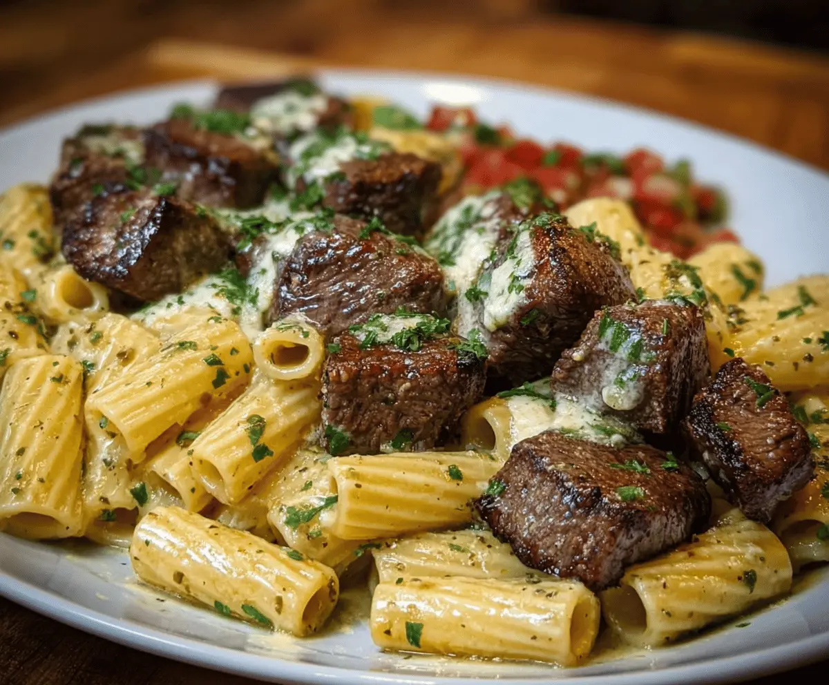 Garlic Butter Steak Tips & Cheesy Rigatoni