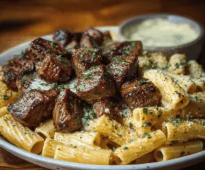 Garlic Butter Steak Tips with Cheesy Rigatoni