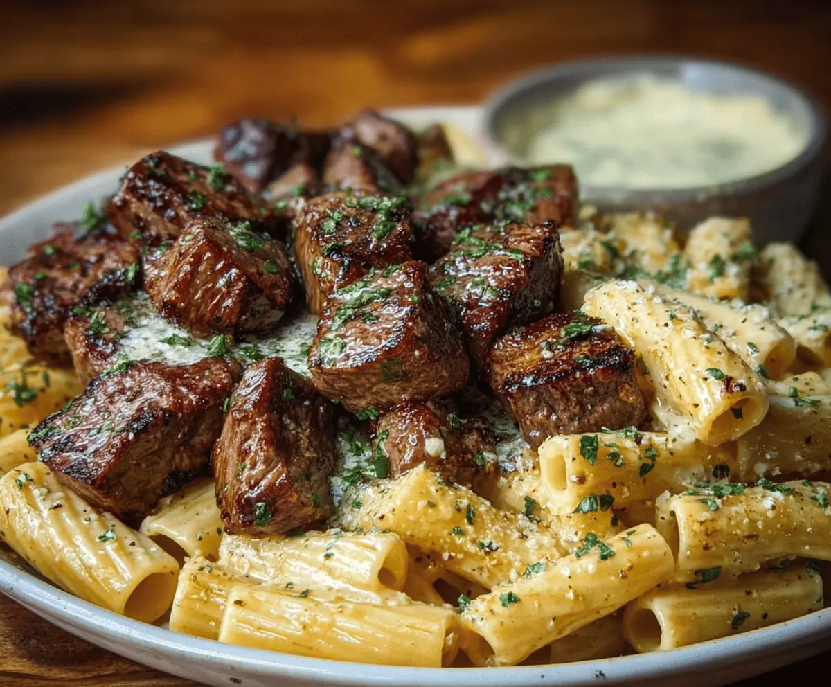 Savory garlic butter steak tips served with cheesy rigatoni pasta on a plate.