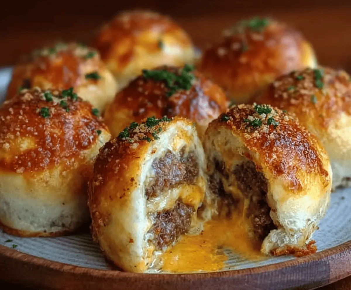Golden garlic Parmesan cheeseburger bombs served on a platter with melted cheese and fresh herbs.
