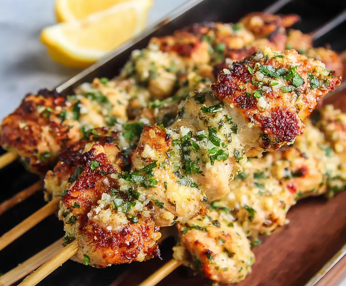 Juicy garlic Parmesan chicken skewers grilled to perfection, garnished with fresh herbs.