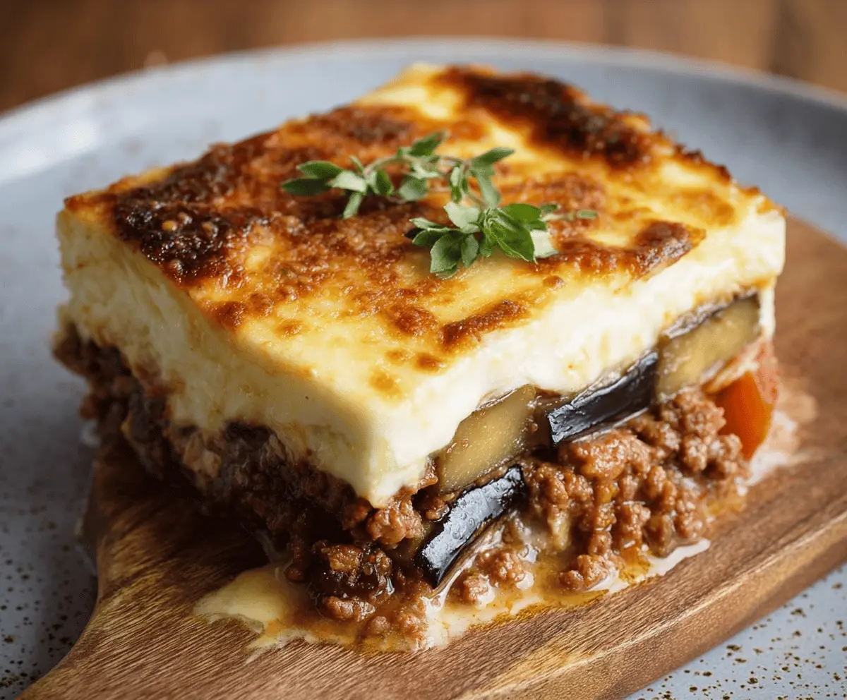 Delicious Greek Moussaka with layers of eggplant, potatoes, and savory meat sauce topped with béchamel.