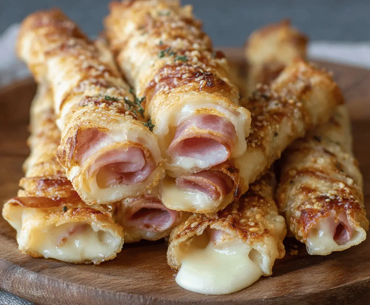 Delicious ham and cheese sticks baked to perfection, crispy on the outside and cheesy on the inside, perfect for snacking or parties.