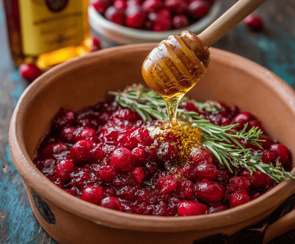 Delicious Honey Bourbon Cranberry Sauce served with Thanksgiving meals