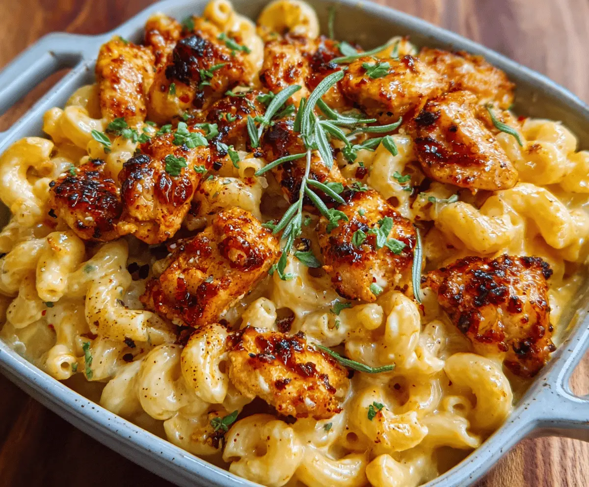 Creamy mac and cheese topped with spicy honey glazed chicken for a delicious Hot Honey Chicken Mac and Cheese recipe.
