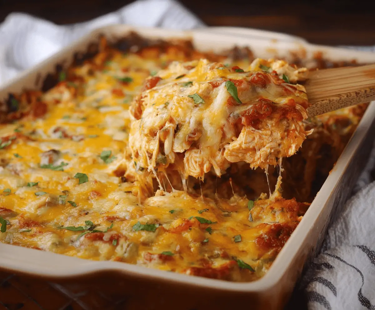Delicious Keto Mexican Chicken Casserole topped with melted cheese and fresh cilantro.