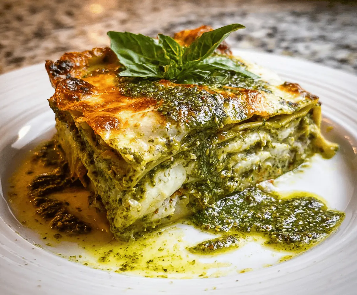 Delicious Lasagna al Pesto with layers of pasta, cheese, and vibrant basil pesto for a flavorful Italian dish.