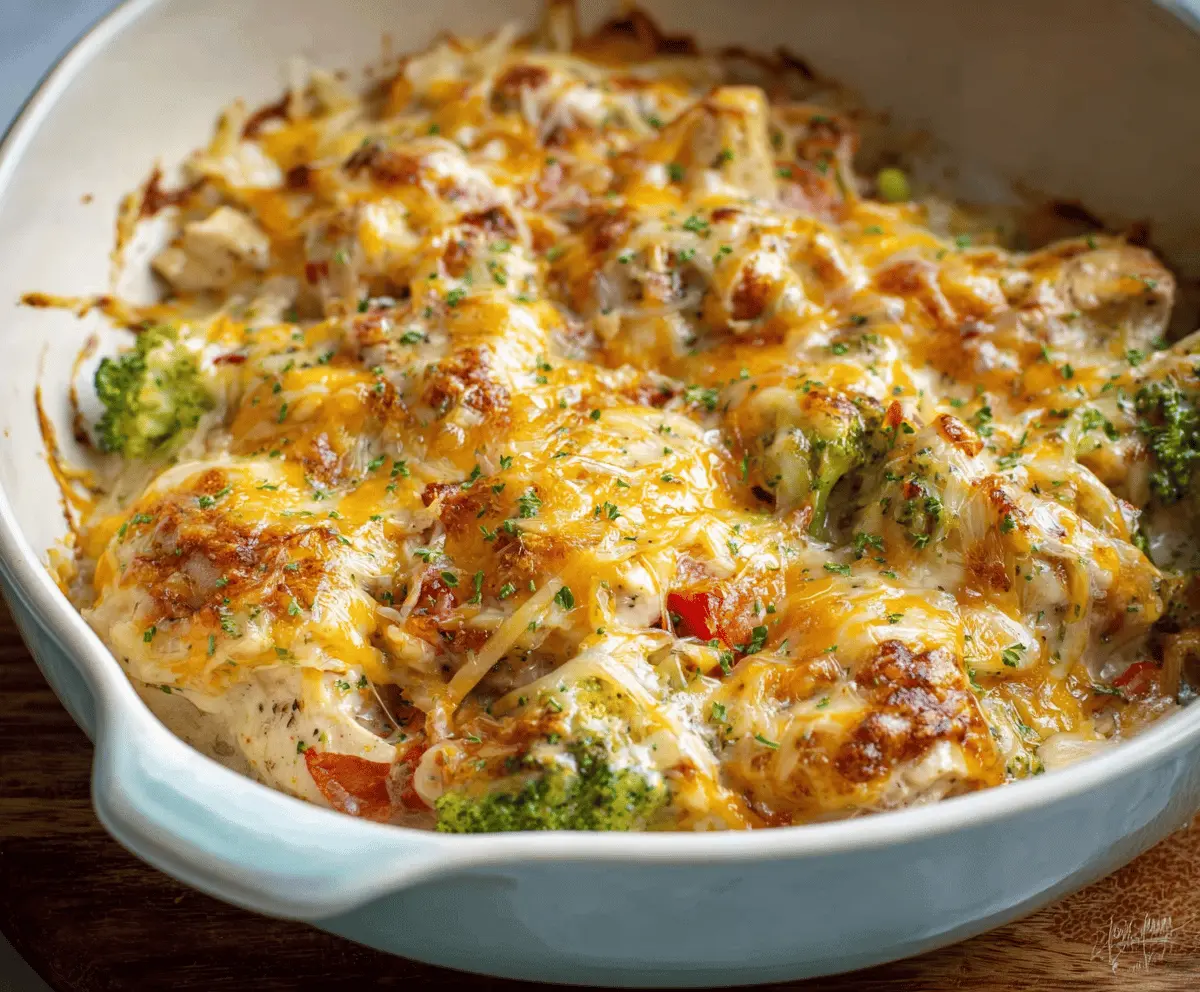Delicious low carb chicken casserole topped with melted cheese and fresh herbs