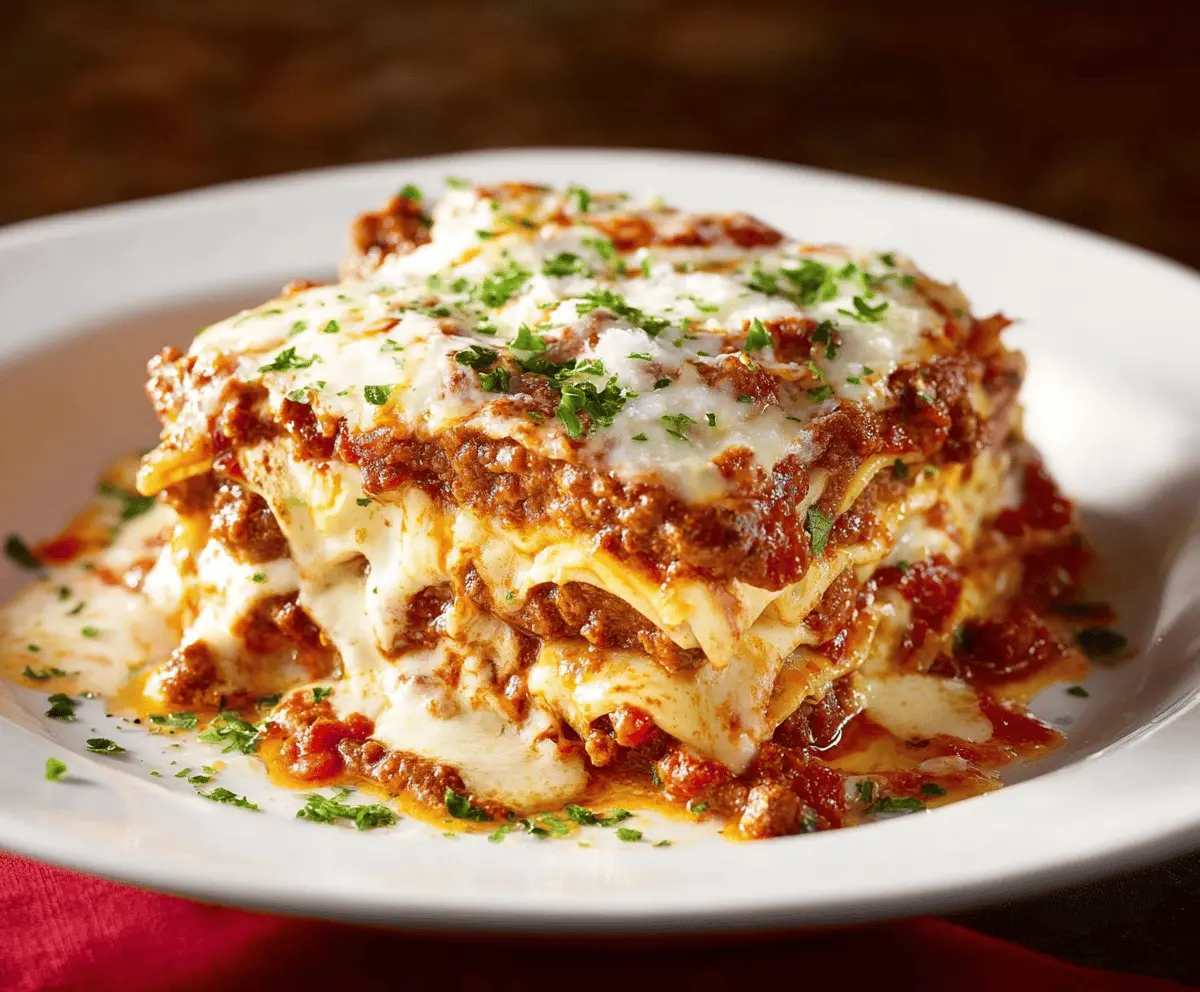 Delicious Maggiano's Lasagna with layers of rich cheese, savory meat, and fresh tomato sauce, served hot on a plate.