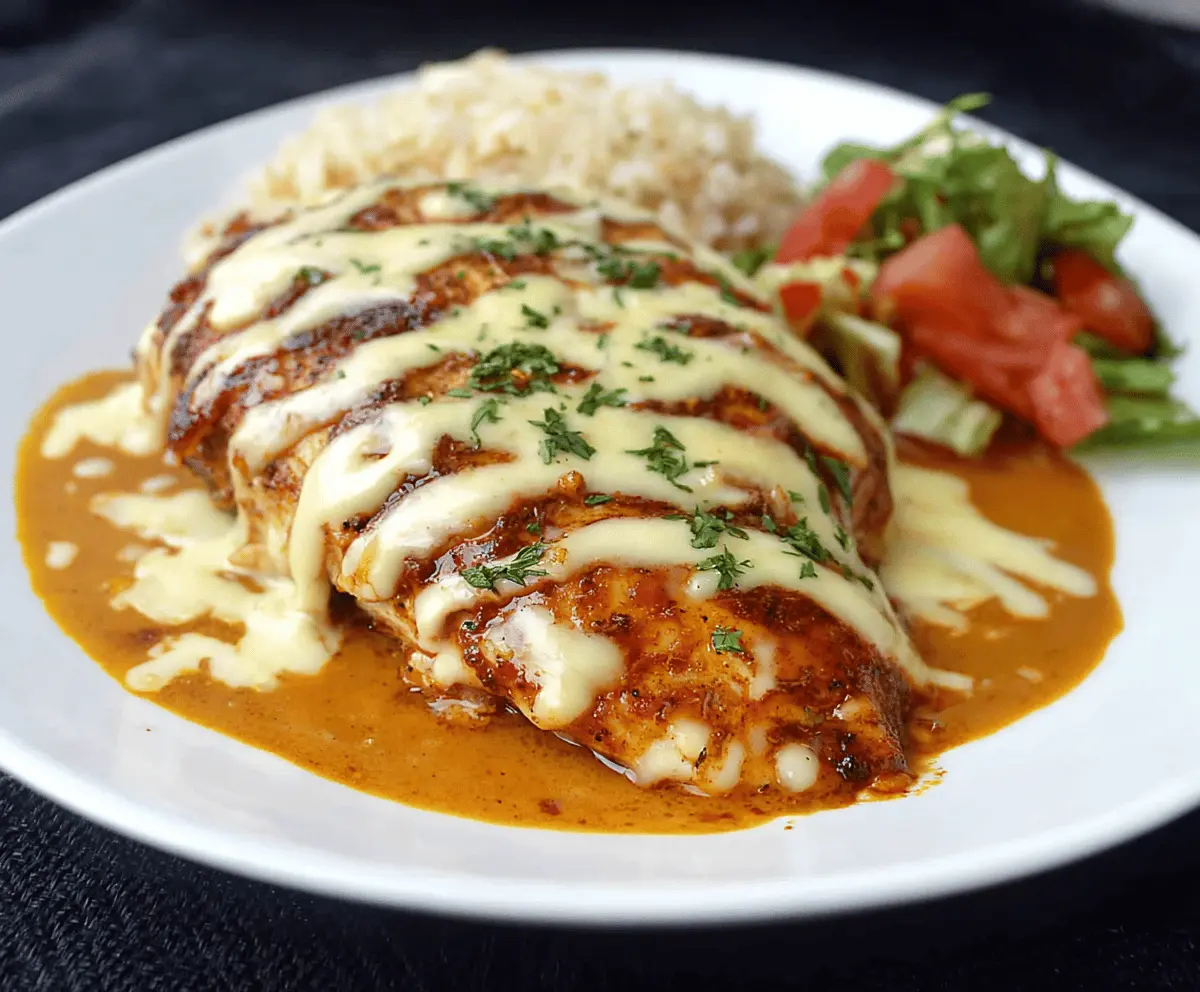 Delicious Mexican Chicken topped with creamy cheese sauce on a colorful plate.