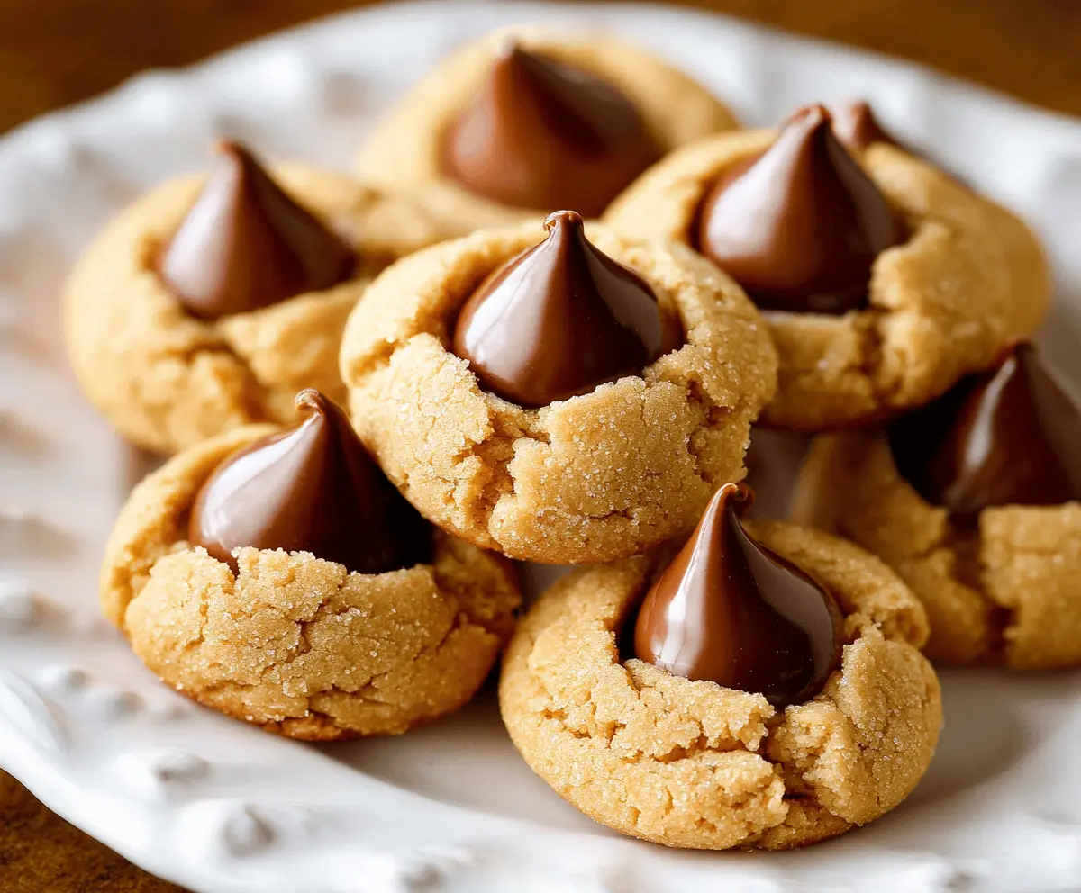 Delicious Peanut Butter Blossoms cookies with chocolate kiss on top, perfect for dessert or cookie jar treats.