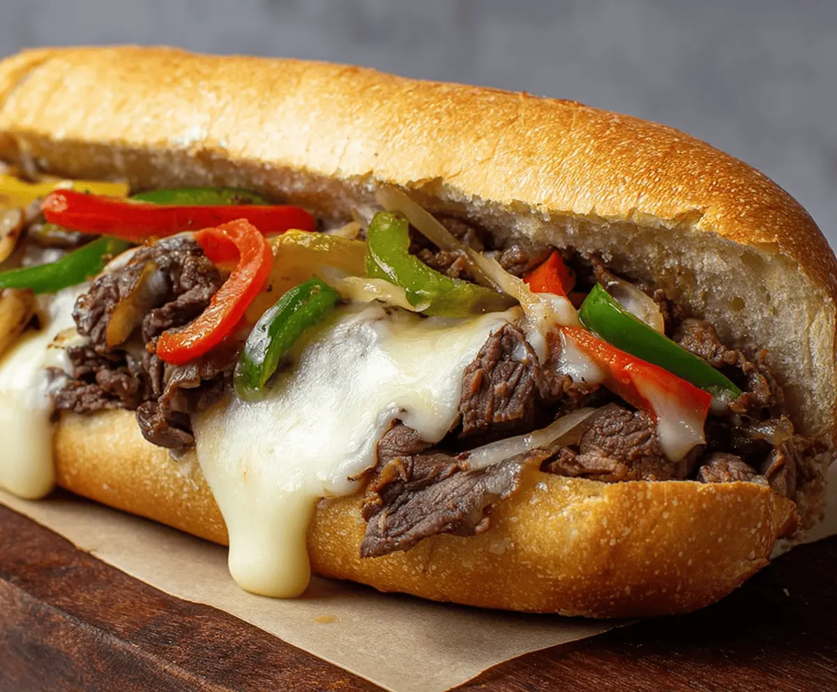 Delicious Philly Cheesesteak sandwich with melted cheese and tender beef on a hoagie bun