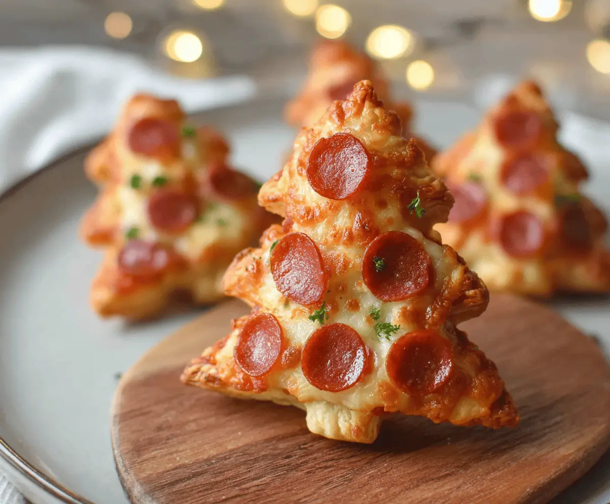 Delicious Puff Pastry Christmas Tree Pizza Bites served on a festive platter perfect for holiday parties