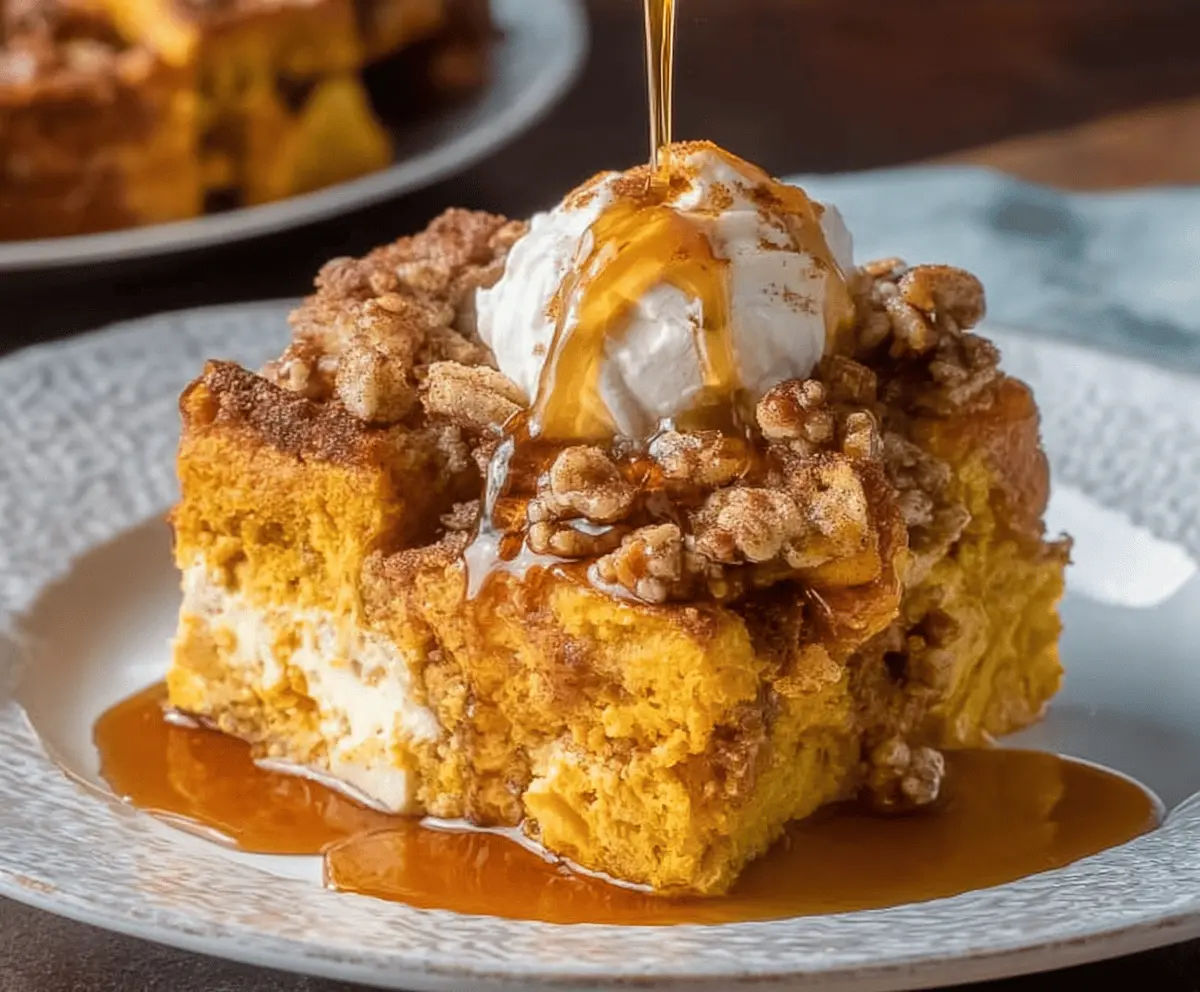 Delicious Pumpkin Spice French Toast Casserole topped with whipped cream and cinnamon, baked to golden perfection.