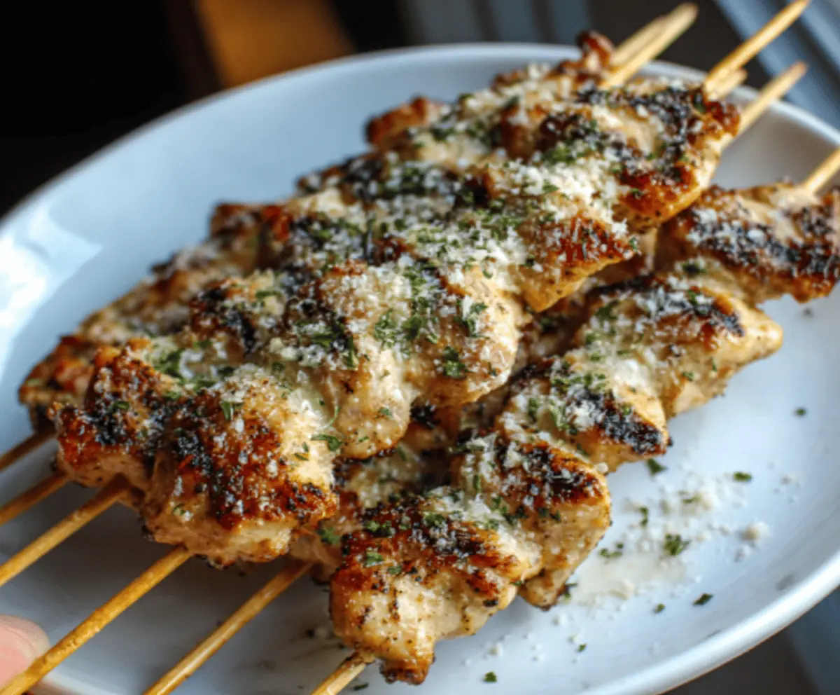 Juicy Ranch Garlic Parmesan Chicken Skewers grilling on a barbecue, garnished with fresh herbs.