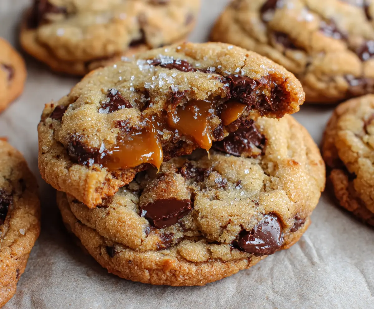 Delicious salted caramel chocolate chip cookies with gooey chocolate and caramel filling.