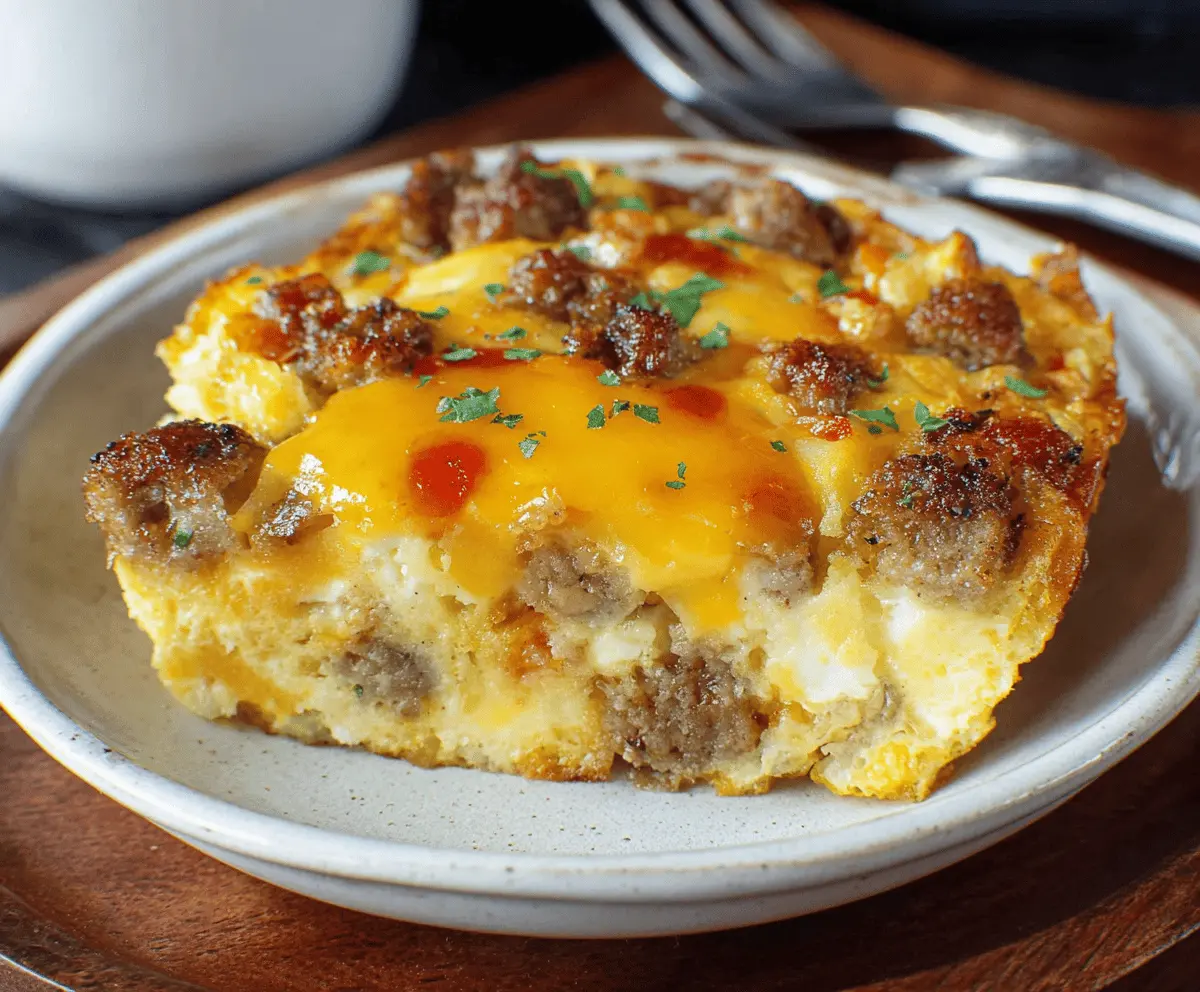 Delicious sausage and egg casserole topped with melted cheese, perfect for breakfast or brunch.