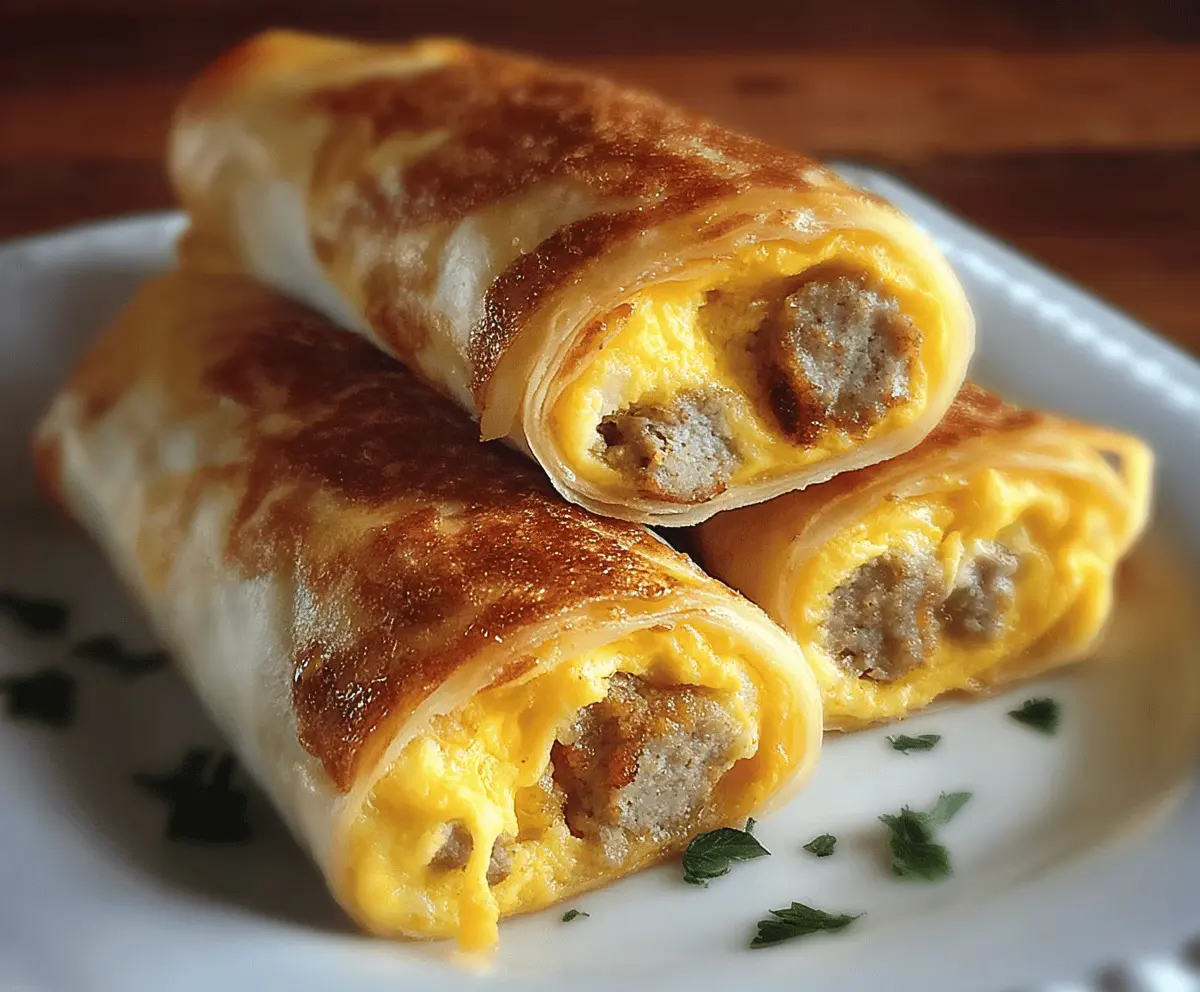 Delicious sausage egg breakfast roll-ups with golden-brown wraps and melted cheese, perfect for a quick morning meal.