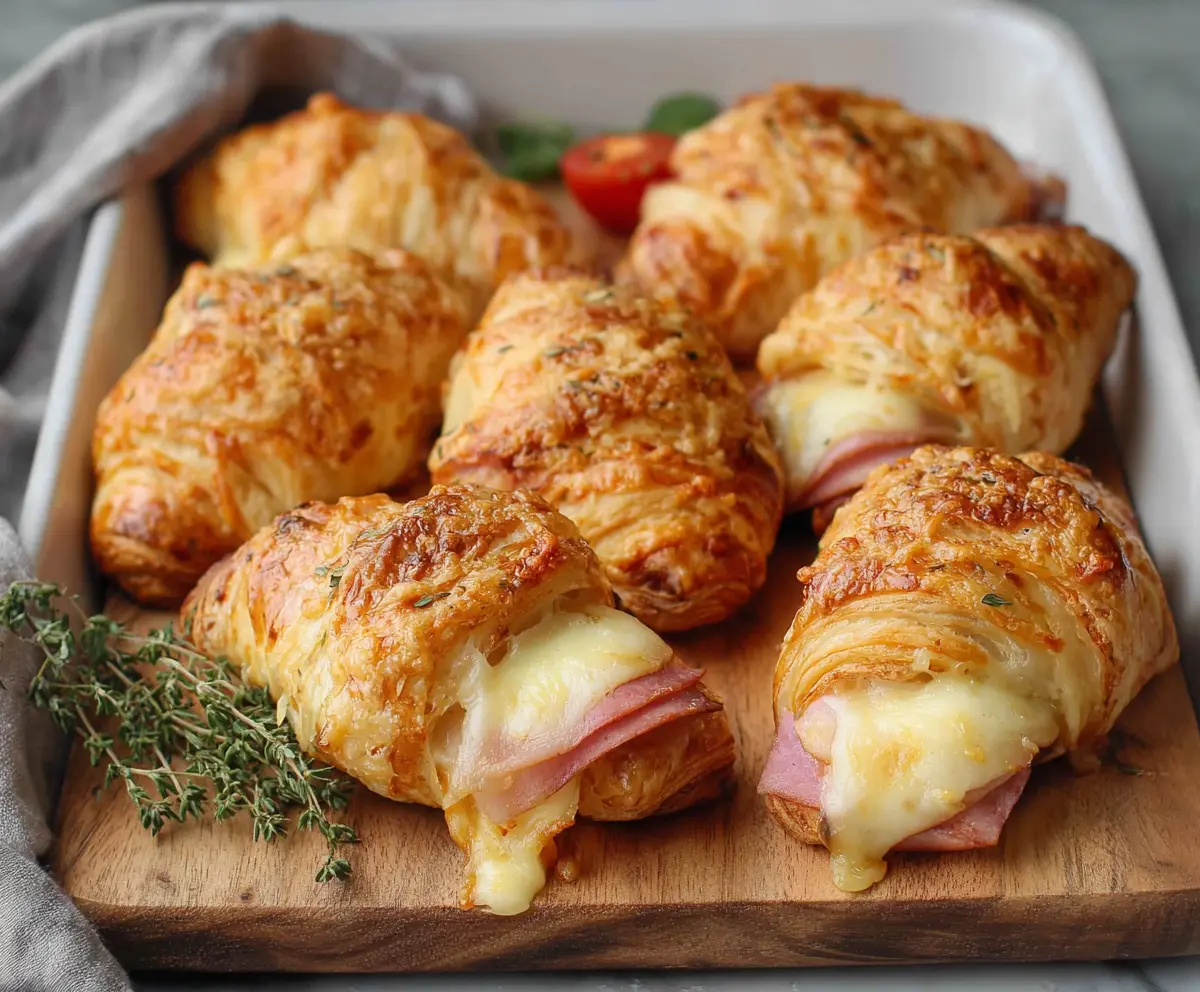 Golden-brown ham and cheese croissant delights fresh from the oven, perfect for breakfast or snack time.