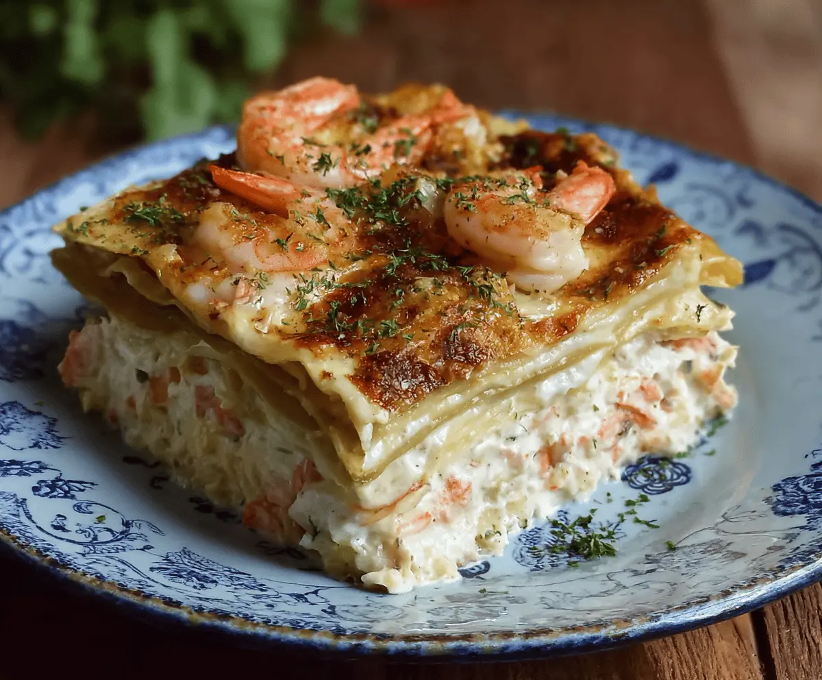 Delicious shrimp and crab lasagna layered with melted cheese and fresh herbs.