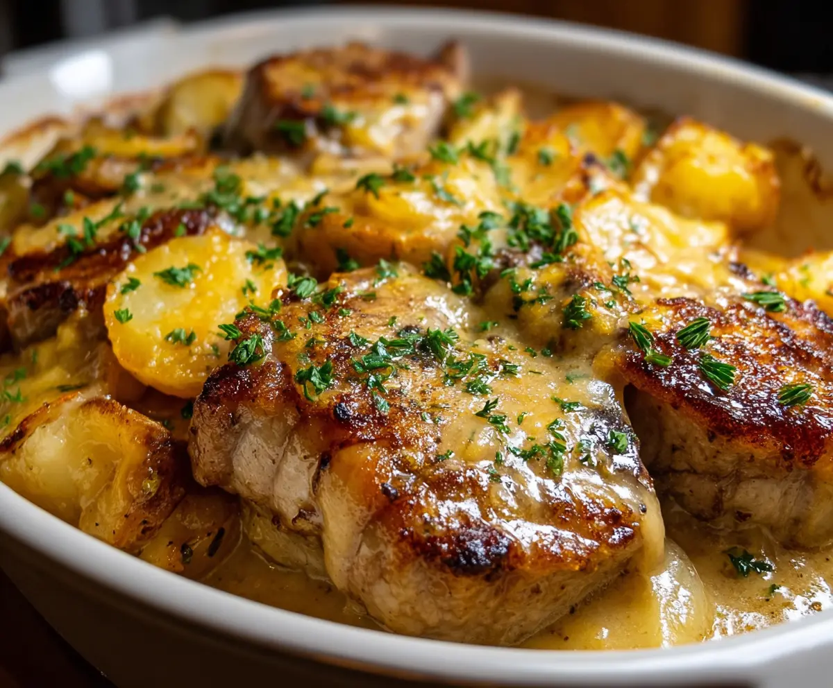Juicy smothered pork chop served with creamy scalloped potato casserole, perfect for hearty family dinners.