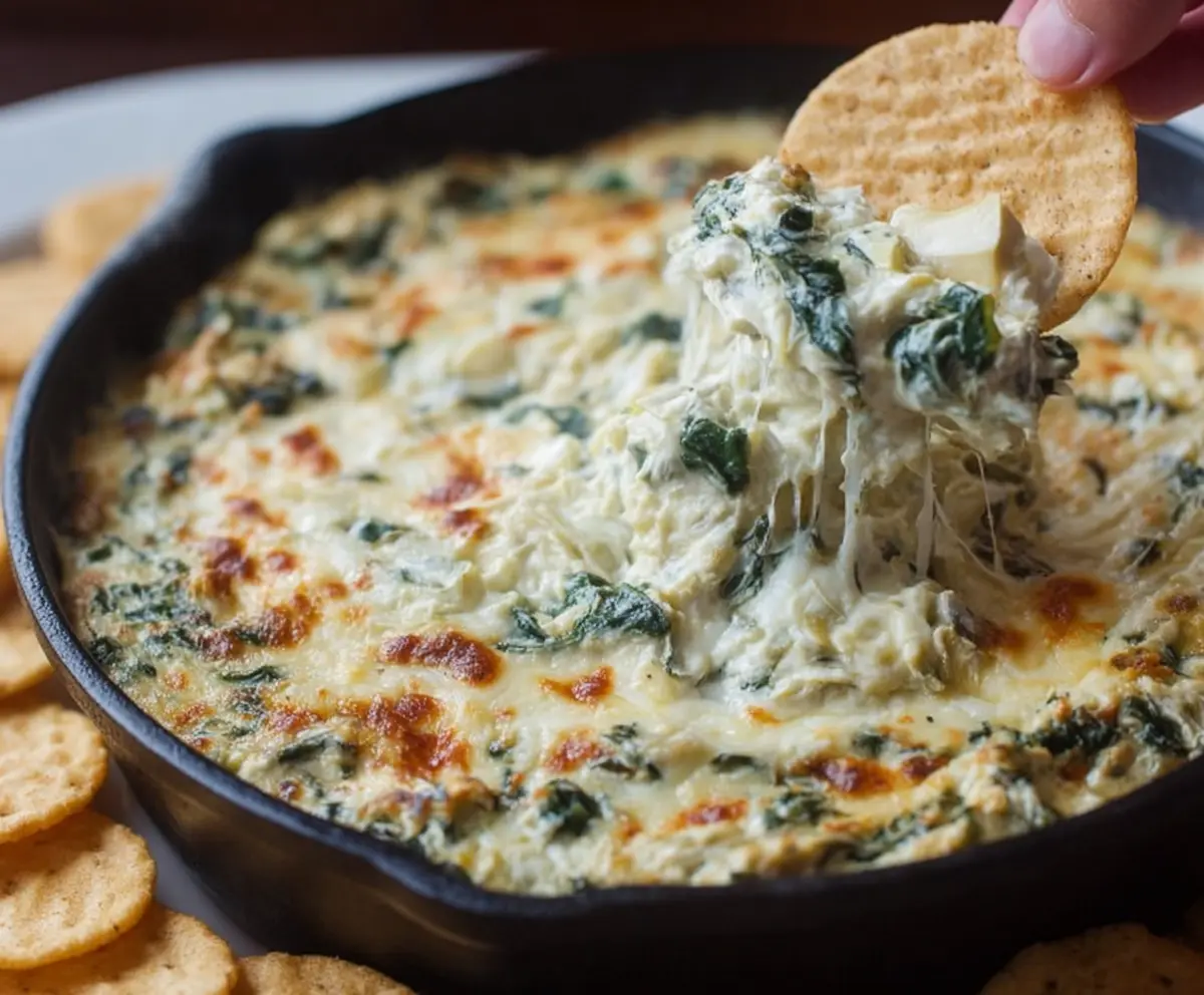 Creamy spinach artichoke dip served with tortilla chips, perfect for appetizers or parties.